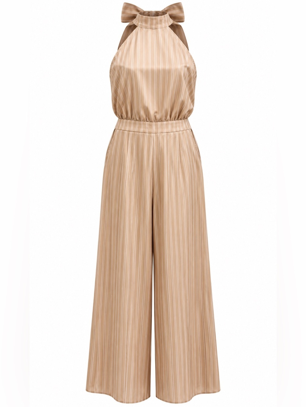 FAERIESTY Halter Jumpsuit 2X Beige Pinstripe Wide Leg Palazzo Pants Elegant